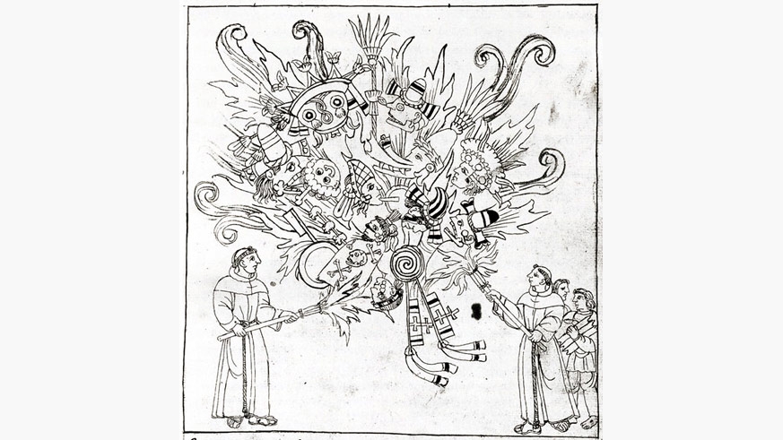 An illustration from the Forentine Codex showing Christian monks burning all existing Mesoamerican culture