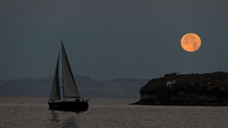 Sailing under a full moon on the Bay of La Paz