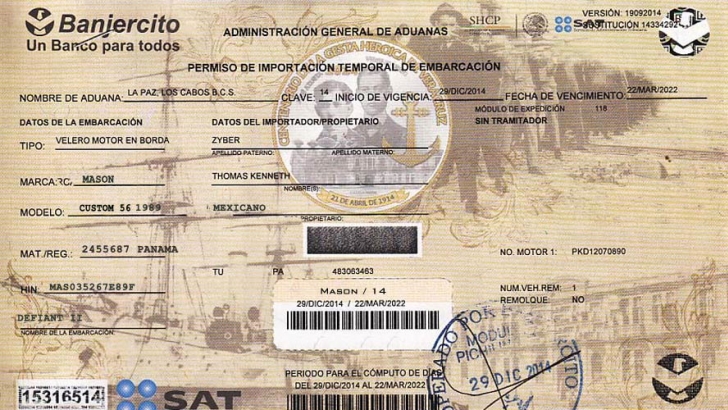 A Mexican  Vessel Temporary Import Permit or TIP