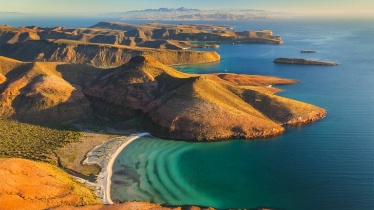 Isla Espiritu Santos from the air looking back over the Bay of La Paz